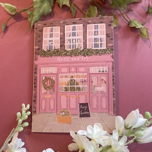 Carte de Noël, boutique de Noël, 5 x 7 pouces, carte de Noël, magasin de Noël, carte d'arbre de Noël, paquet de cartes de Noël, cartes de Noël, Noël rose