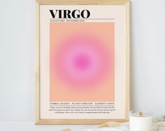 Virgo Zodiac Print, Pink Aura Gradient Background Astrology Print, Wall Gallery Art, Celestial Print, Horoscope Art, Virgo Birthday Gift