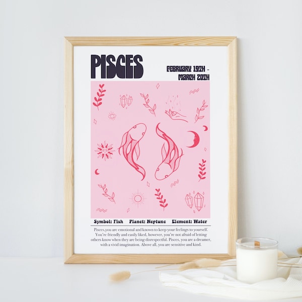 Pisces Zodiac Print, Custom Background Astrology Print, Zodiac Star Wall Art, Celestial Print, Pisces Wall Art, Birthday Gift