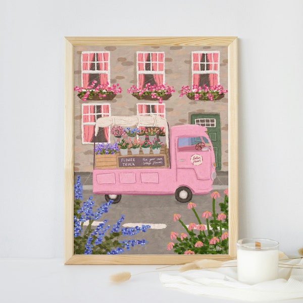 Flower Truck Art Print, Flower art, Floral art print, Flower Marke art print, Florist art, Pink Art, Wall Art, Home Decor