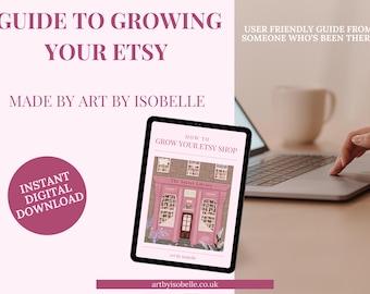 May include: A pink digital download guide on how to grow your Etsy shop, with a cute illustration of a pink storefront with the text "The Secret Library". The guide is titled "How to Grow Your Etsy Shop" and is made by Art by Isobelle.