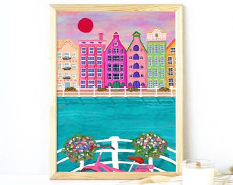 Amsterdam Canal Art Print: Vibrant Dutch Home Decor