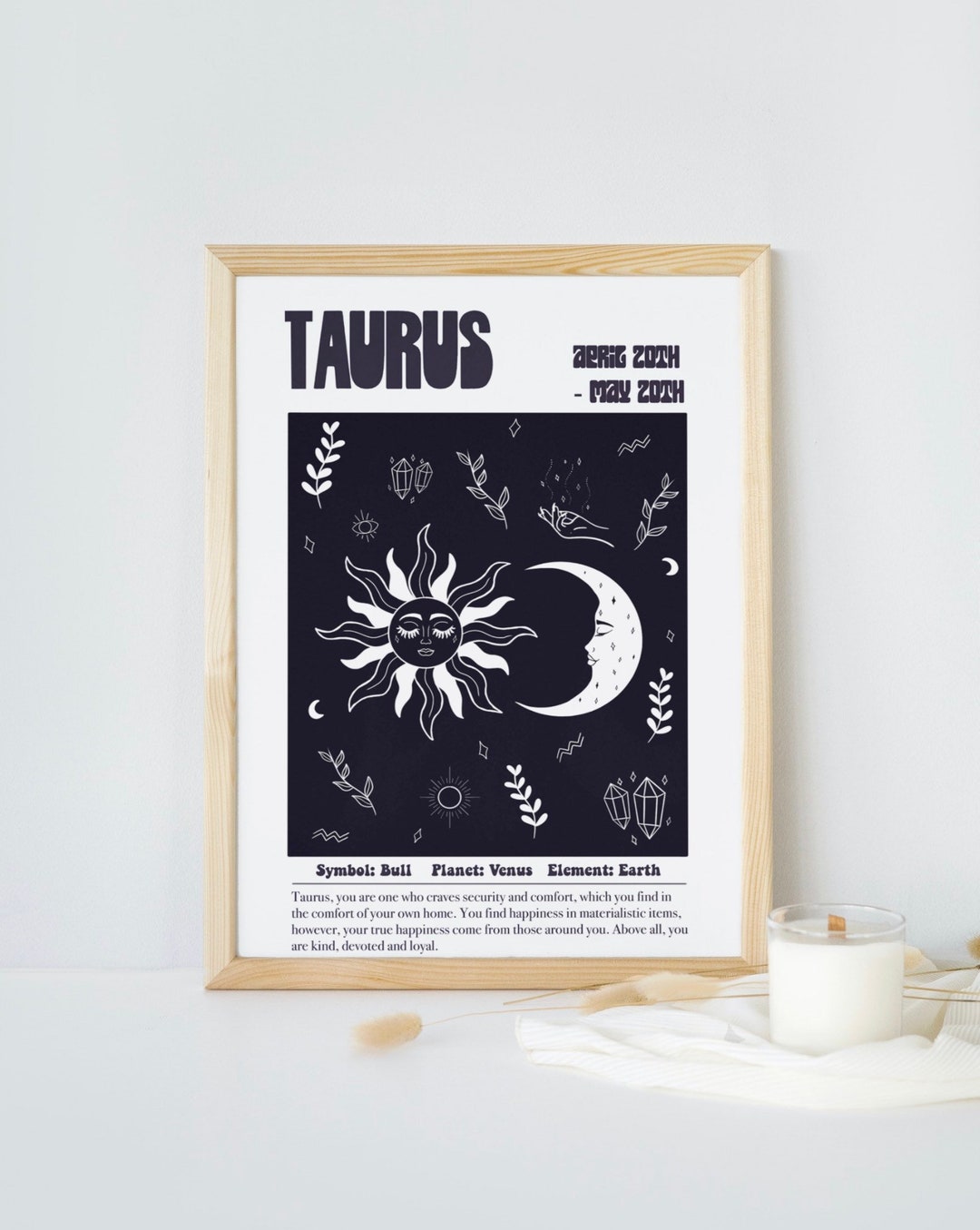 Taurus Zodiac Art Print, Custom Background Astrology Print, Zodiac Wall Art, Taurus Wall Art
