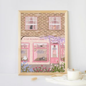 Impresión de café de gatos, arte de gatos, impresión de arte de café, póster de café de gatos, regalo para amantes de los gatos, impresión de café francés, decoración de cocina, arte de pared de gatos, arte de pared rosa