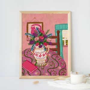 Impresión de jarrón floral, ilustración Cottagecore, impresión de arte colorido, cartel botánico, pared de la galería, flores de primavera, decoración del hogar