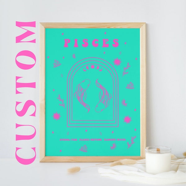 Pisces Zodiac Print, Custom Background Astrology Print, Zodiac Star Wall Art, Celestial Print, Horoscope, Pisces Wall Art, Birthday Gift