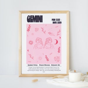 Gemini Zodiac Print, Custom Background Astrology Print, Zodiac Star Wall Art, Celestial Print, Gemini Wall Art, Birthday Gift