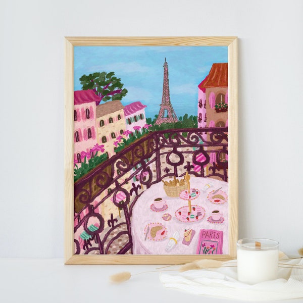 Paris Print, Eiffel Tower, Rooftop Paris Travel Print, Paris Wall Art, Paris Tea Art Poster, Parisian Art, Paris Gift, Housewarming Gift