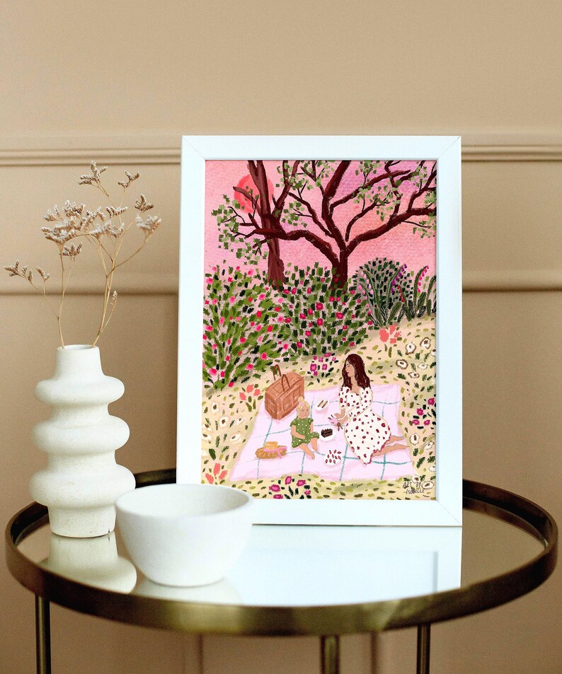 Mother and Child Cottagecore Print: Summer Garden Picnic Art image 3