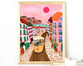 Stampa di Lisbona, Portogallo: vivaci decorazioni murali a tema viaggi.