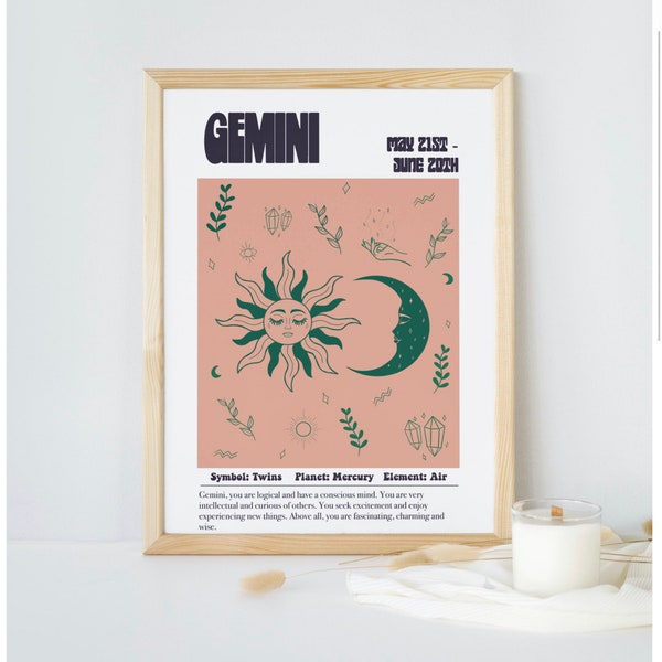 Gemini Zodiac Print, Custom Background Astrology Print, Zodiac Star Wall Art, Gemini Wall Art, Gift For Her, Illustration, Birthday Gift