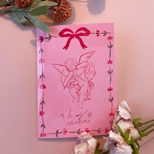 Vintage Cupid Valentines Card 5x7inch, Valentines wenskaart, vintage Cupid Card, roze romantische kaart, Victoriaanse Valentines Card