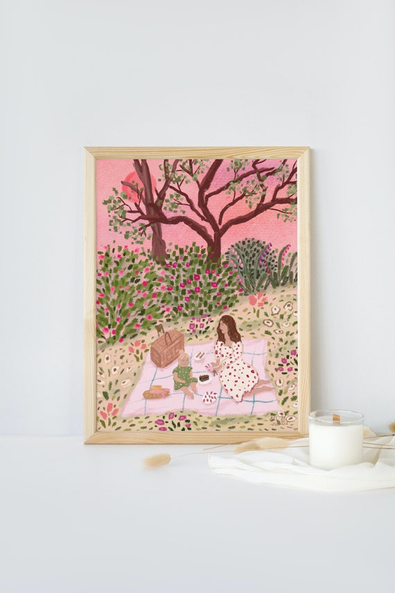 Mother and Child Cottagecore Print: Summer Garden Picnic Art