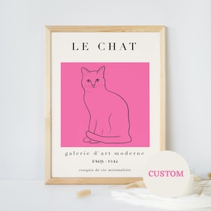 猫のミニマリストプリント、カスタム背景色、ミニマリストラインアート、ビンテージポスター、猫好きへのギフト、ウォールギャラリーアート、モダンな室内装飾