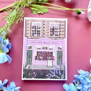 Pink Hardback A5 Notebook, The Old Book Shop Cover, Illustrated Journal, Whimsical Stationery Gift