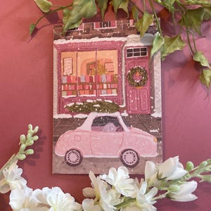 Carte de librairie de Noël 5 x 7 pouces, carte de Noël, carte de voeux de Noël rose, carte de sapin de Noël, carte de Noël enneigée, carte d'amateur de livres