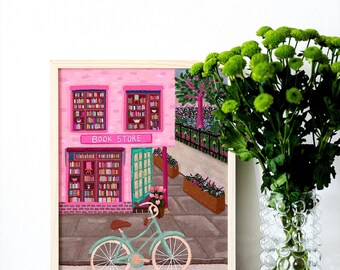 Floral Bookshop Art Print: Colorful City Scene