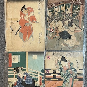 Old Ukiyo-e Japanese Woodblock Holes Damages &quot;Famous Edo Woodcut Print 11/16&quot; 4 pics set 39*26.8 cm MA1347