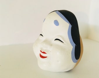 ヴィンテージ手彫り木製能面 おかめ（お多福） 日本の民芸品 8.3インチ