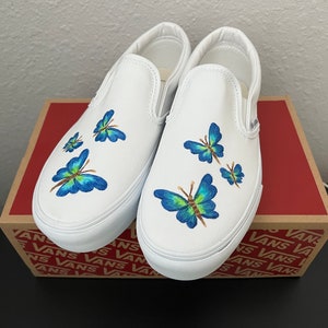 Hand-Painted Blue Butterfly Vans Slip-On Sneakers, Custom Painted, Unique Gift