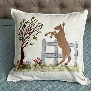 Horse Throw Pillow, Hand-Painted Pillow Cover, Palomino Horse Pillow, Cotton Canvas, Unique Gift, Outdoor Pillows
