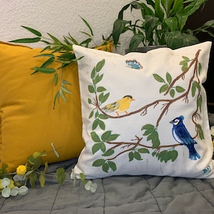 Birds Throw Pillow, Hand-Painted Pillow Cover, Cotton Canvas, Unique Gift, Outdoor Pillows