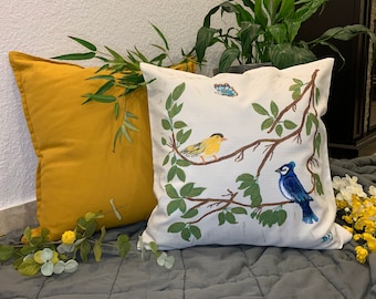 Birds Throw Pillow, Hand-Painted Pillow Cover, Cotton Canvas, Unique Gift, Outdoor Pillows