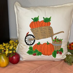 Pumpkins Throw Pillow, Country Pumpkin Pillow, Hand-Painted Pillow Cover, Unique Gift, Cotton Canvas, Seasonal Pillow, Thanksgiving Pillow