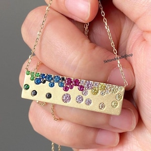Beautiful And Unique Multi Gemstone Rainbow Bar Necklace, 18k Gold Pendant, Satin Finish Flush Set Rainbow Sapphire Pendant, Gift For Love