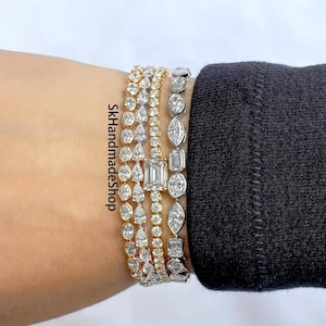 Multi Shape Moissanite Wedding Bracelet, Tennis Diamond Bracelet, 14k Gold Bezel Setting Bracelet, East To West Style Women's Bracelet Gift