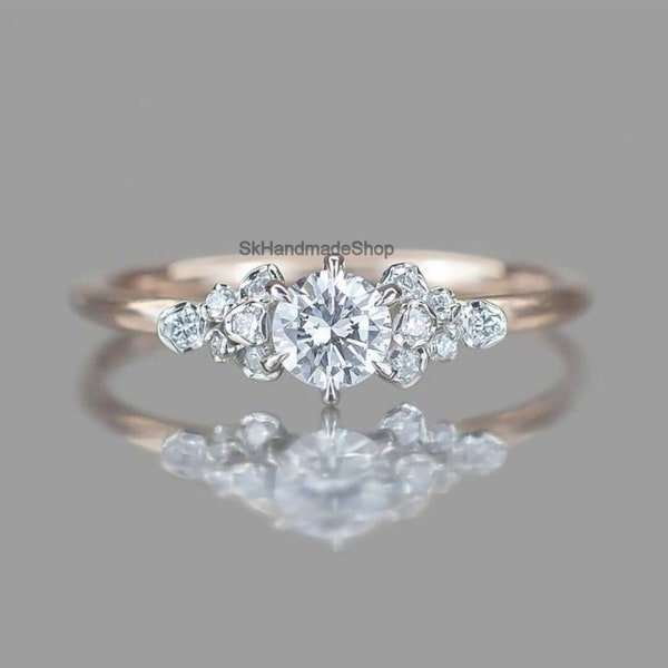 0.84 Ct Round Cut Diamond Moissanite Ring, 14k Solid Rose Gold Promise Ring, Simulated Diamond Ring, Cluster Engagement Ring, Art Deco Ring