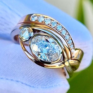 East To West Style 9x7 MM Oval Brilliant Cut Moissanite Engagement Ring, Solid 18k Rose Gold Bridal Ring Set, Bezel Set With Matching Band
