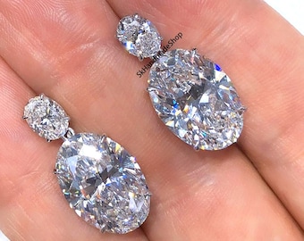 18k White Gold Drop Earrings, 13 TCW Oval Cut Colorless Moissanite Women's Earrings, Perfect Gift For Any Occasions, Screw Back Earrings