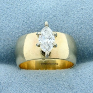 0.50 Ct Marquise Cut Moissanite Solitaire Ring, 14K Yellow Gold Marquise Diamond Ring, Engagement Six Prongs Accents Wedding Ring, Wide Band