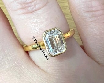 Split Shank Style Diamond Bridal Ring, 2.50 CT Emerald Cut Moissanite Solitaire Ring, Engagement Ring, Bezel Set With 18k Yellow Gold Ring