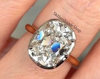 Classic Collet Setting Engagement Ring, 5 CT Old Mine Elongated Cushion Cut Moissanite With Button Back Ring For Her, 18K Two Tone Gold Ring