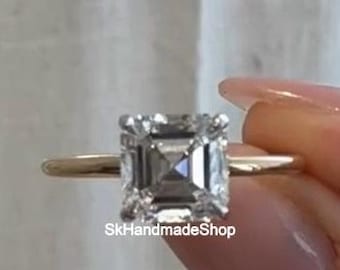 Four Claw Prong Setting Solitaire Diamond Ring, 8.00 MM Asscher Cut Moissanite Proposal Ring, 14K Two Tone Gold, Surprise Gift For Your Love