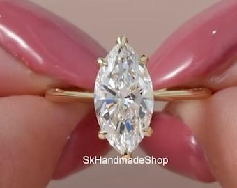 Solitaire With Pave Setting Ring For Women's, Huge 14x7 MM Marquise Cut Lab Grown Diamond Proposal Ring, 10k Yellow Gold Hidden Diamond Ring
