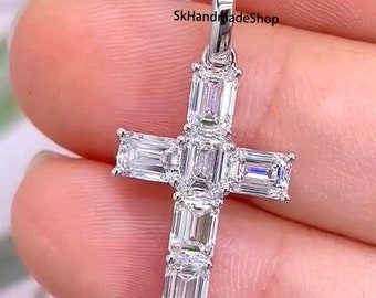 2.40TCW Emerald Cut Moissanite Diamond Only Pendant, Religious Christian Cross Pendant For Your Lady Love, 10K White Gold Daily Wear Pendant