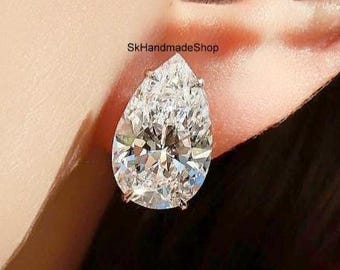 Large 12TCW Pear Cut Moissanite Stud Earrings, Teardrop Solitaire Diamond Earrings, 18K White Gold Push Back Earrings, Any Occasion Earrings