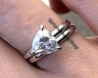 Plain Matching Band, Solitaire Diamond Bridal Ring Set, 7MM Trillion Cut Colorless Moissanite Engagement Ring, 18k White Gold Ring, Handmade