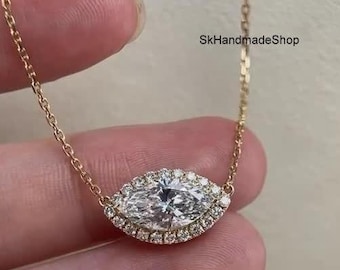 Horizontal 1.50 CT Marquise Cut Lab Grown Diamond Daily Wear Necklace, Eyes Shape Halo Diamond Pendant, 18k Gold Pendant With Chain, Gift