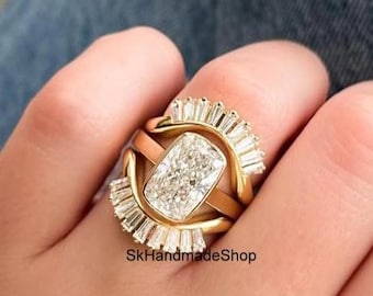 Dazzling 5.50 CT Elogeted Cushion Cut Moissanite Solitaire Ring, Trapper Baguette Crown Curved Matching Band, 18k Yellow Gold Trio ring set