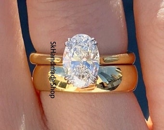 Anillo de dos tonos de oro de 14 k, anillo solitario con conjunto de puntas de doble garra, banda ancha lisa a juego, conjunto de anillos nupciales de moissanita de corte ovalado clásico de 2,50 quilates