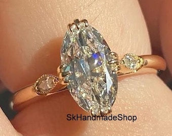 1.50 CT Moval Cut Lab Grown Diamond Everyday Wear Ring, Hidden Halo With Bridge Pave Set Ring, 18k Gold trilogy Prong Set Ring For Women's