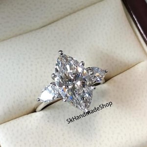 Moissanite Three Stone Ring, 14K White Gold Women&#39;s Ring, 3.5 TCW Marquise And Pear Cut Diamond Engagement Ring, Anniversary Gift For Wife