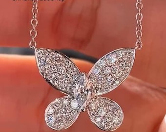 Lovely Butterfly Style Cluster Set Diamond Pendant Necklace, 8x4 MM Marquise Cut Natural Diamond Party Wear Necklace, 18k Gold Birthday Gift