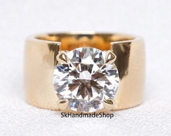 Breiter Bandring, großer antiker Diamantring, 10 mm runder farbloser Moissanitring, 4 Zinken mit 18k Gelbgoldring, Solitär-dicker Ring