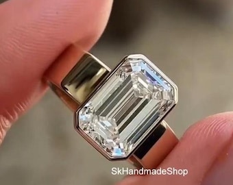 Bezel Set 5.50 CT Emerald Cut Moissanite Wedding Ring, Unique 14K Yellow Gold Solitaire Ring, Cocktail Party Wear Ring, Cigar Wide Band Ring