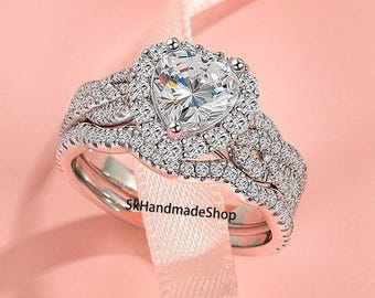 18k White Gold Bridal Ring Set, Matching Band, Halo Diamond Ring, Romantic 1.25 CT Heart Cut Moissanite Diamond Twisted Shank Wedding Ring